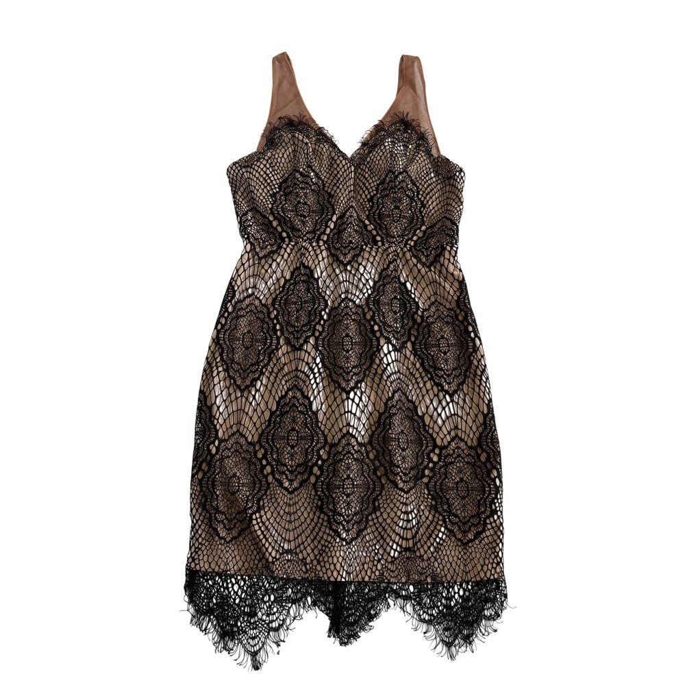 Vestique Black Nude Lace Overlay V-Neck Cocktail Dress Champagne Lining Sz Small